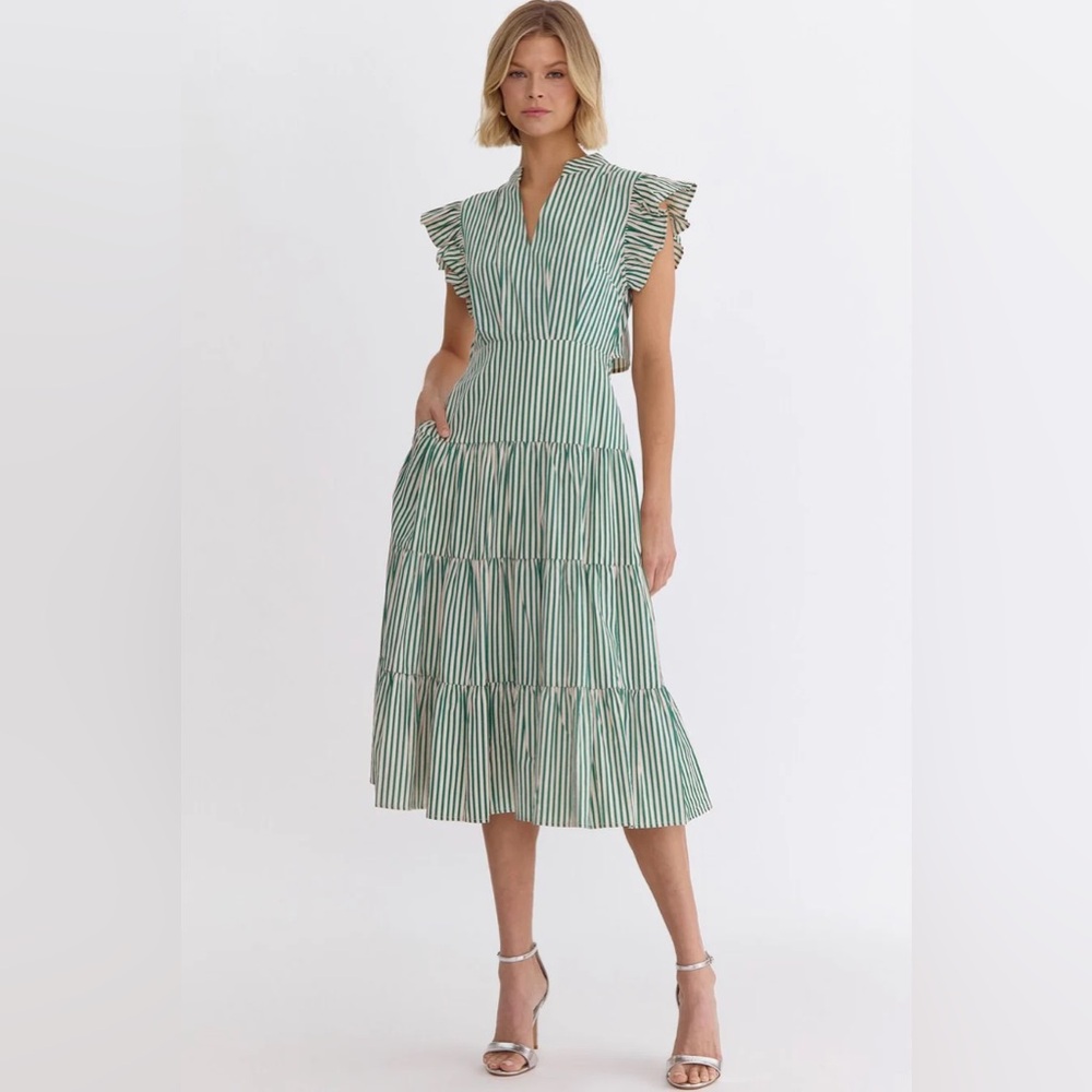STRIPED V-NECK RUFFLE SLEEVE MIDI DRESS Green, Small